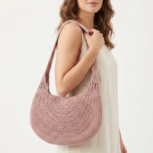 Womens Handbag Mauve Pink‎ Crochet Knit Lined Boho Single Strap Shoulder Bag